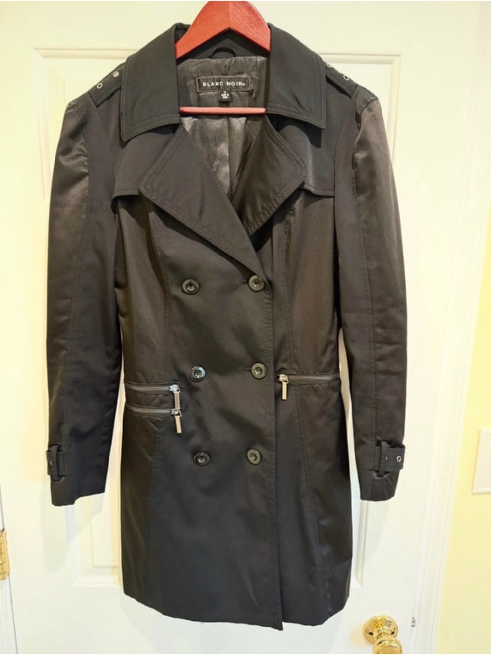 blanc noir Black Double-Breasted Trench Coat with Zip Pockets